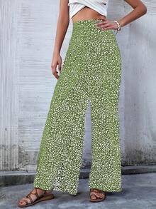 Breezaya Women's Casual Vacation All-Over Print High Waist Wide Leg Pants - Green - View 3