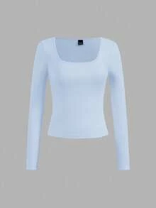 SHEIN Essnce Bộ 4 áo thun cổ vuông tối giản thường ngày dành cho nữ, màu trơn, thích hợp mặc mùa thu/đông, mặc nhiều lớp, mặc ngoài trời, áo lót - Nhiều màu - Xem 12