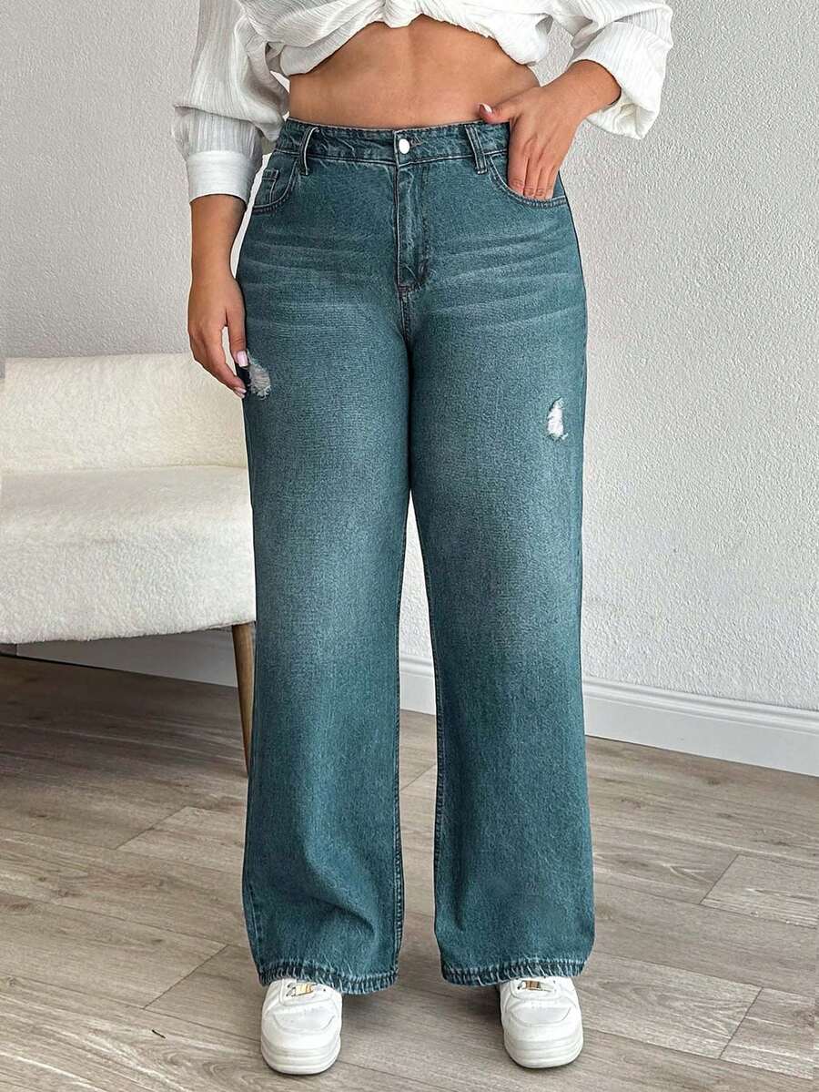 EURMUSE HIGH RISE STRAIGT CUT RIPPED PLUS SIZE WOMEN JEAN - Dusty Blue - View 1
