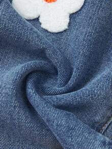 SHEIN Playful Pals Baby Girl Straight Leg Jeans, New Arrival For Autumn/Winter, Blue Denim Single Item, Cute Outdoor Casual Simple Design, Comfortable Home Wear, Colorful Floral Embroidery, Elastic Waist, Loose Fit, Daily, Vacation, Travel, Wardrobe Essential, Party, Fall Season New Release (Top Not Included) - Medium Wash - View 8