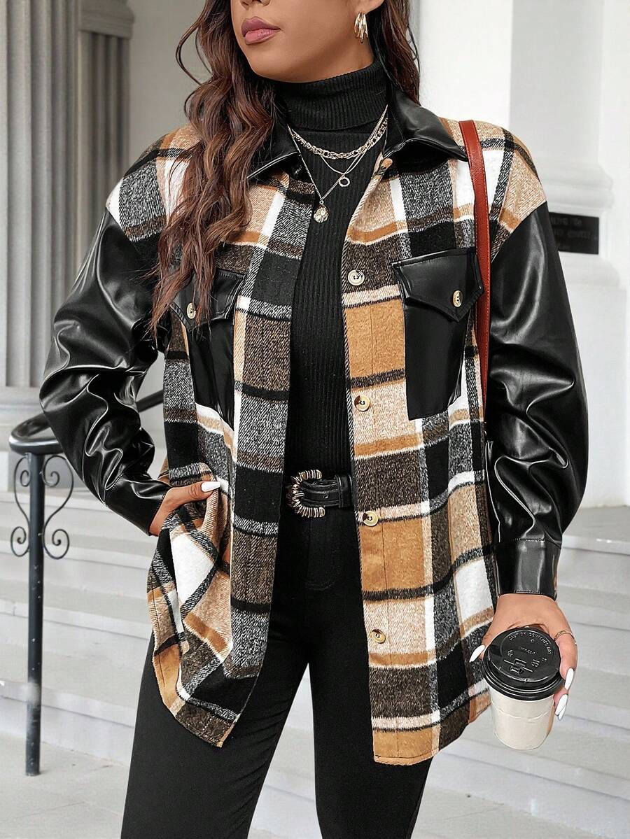 Calvaya Plus Plaid Print Drop Shoulder Flap Pocket Jacket Fall Winter Cloth For Women Autumn - Brown - View 1