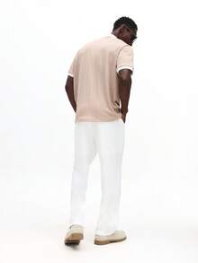 SUMWON 撞色领口和滚边短袖针织 Polo 衫，夏季高尔夫网球休闲装，纯色 - 卡其色 - 查看 2