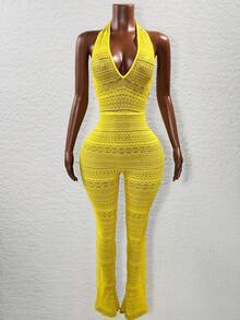 BamGleam Bộ đồ liền thân ren cổ chữ V sâu cho nữ - Màu vàng - Xem 6