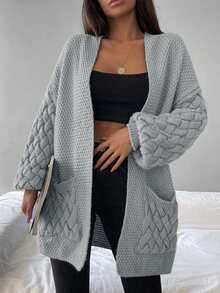 SHEIN 雙口袋落肩袖開門襟開襟衫 - 灰色 - 查看 6