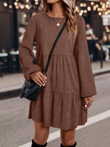 EMERY ROSE 女式圆领灯笼袖休闲百褶连衣裙 - 鏽棕色 - 查看 3