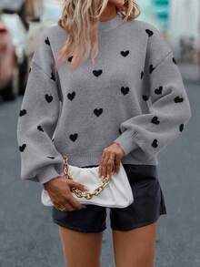 EMERY ROSE Women's Autumn/Winter Fashion Drop Shoulder Long Sleeve Heart Pattern Sweater - Grey - View 6