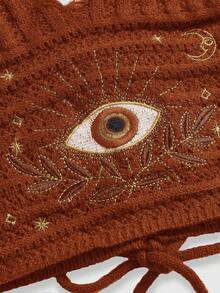 ROMWE Hippie 波西米亚风夏日嬉皮度假风眼睛、月亮和星星刺绣串珠针织上衣 - 鏽棕色 - 查看 2