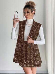 Elyressa 女士休闲无袖夹克和裙子套装，秋季 - 巧克力棕 - 查看 3