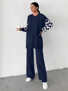 EURMUSE Bộ 2 món áo len dệt kim dáng rộng màu tương phản họa tiết ziczac thả vai và quần dệt kim ống đứng cho nữ - Màu xanh hải quân - Xem 4