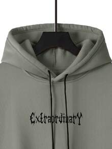 SHEIN Cottnline Men's Gothic English Print Hooded Sweatshirt, Street Style - Army Green - View 3
