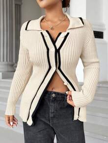 Calvaya Plus Size Women's Striped Long Sleeve Single-Breasted Casual Cardigan, Autumn/Winter Fall Cloth For Women - Apricot - View 8