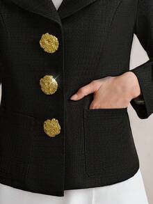 SHEIN LUNE 女士新款秋冬优雅派对外套，精致办公室高级时尚黑玫瑰金纽扣厚衬垫肩女士夹克 - 黑色 - 查看 2