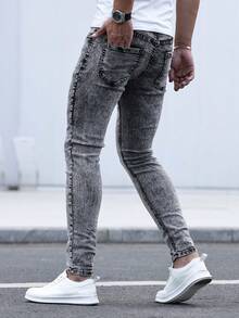 Manfinity Homme 男士修身水洗牛仔裤，纯色修身深色牛仔裤，长款浅灰色酸洗工装牛仔裤，送给老公、男朋友的礼物，男士紧身牛仔裤，修身男士牛仔裤，通勤、都市街头、工作、健身，emo 风格 - 灰色 - 查看 2
