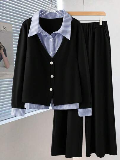 GlowEve CURVE 大码女式条纹拼布单排扣衬衫和休闲阔腿裤套装，春秋休闲装