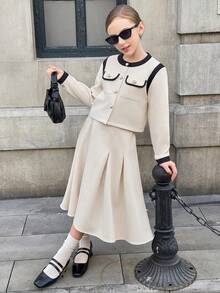 青少年女孩休闲通勤学院风撞色滚边翻盖口袋夹克和褶皱裙套装，春秋季 - 卡其色 - 查看 3