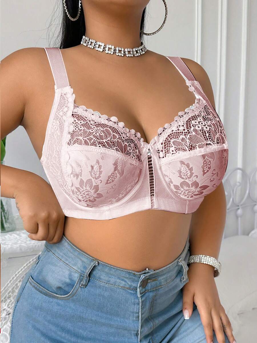 SHEIN 1pc Plus Size Lace Patchwork Wireless Bra - Pink - View 1