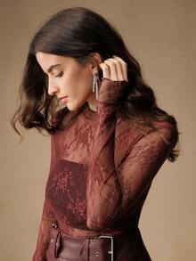 Anewsta Women's Lace See-Through Thumb Hole Elegant Blouse, Suitable For Holiday Party Outfits - Burgundy - View 4