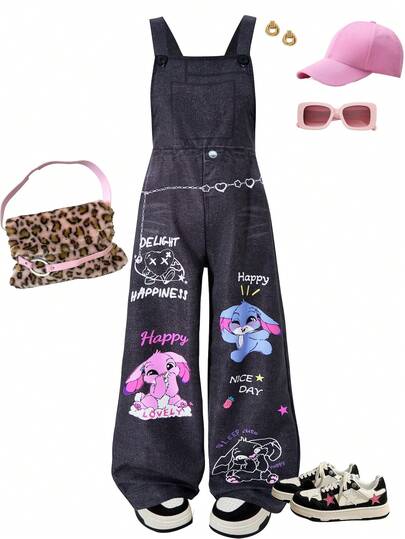 Tween Mädchen Cartoon-Muster Schwarzer Lässig Jumpsuit, Rückkehr zur Schule Street-Style Kinder Collegesportbekleidung Latzhose, Locker Hohe Taille Cargo Hose Streetwear
