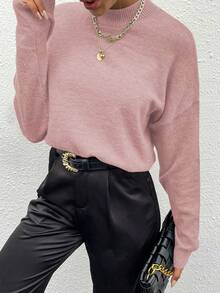SHEIN LUNE Sweater Pullover Lengan Panjang Kasual Kerah Bulat Warna Polos - Berwarna merah muda - View 4