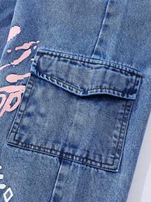 SHEIN ChillGRL 少女涂鸦印花阔腿工装牛仔裤，甜美酷炫街头风休闲Y2K图案牛仔裤，Y2K美学，90年代童装 - 深色水洗藍 - 查看 6