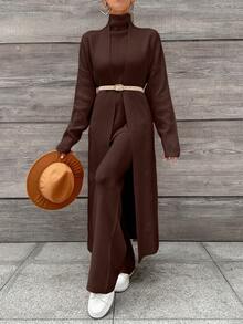 EURMUSE 2pcs Women Solid Color Long Sleeve Minimalist Long Jacket Top & Pants Casual Set - Brown - View 7