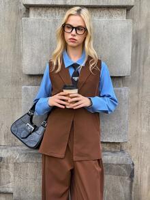 SHEIN 3 件套青少年女孩休闲时尚街头时尚翻领西装背心、长袖衬衫和裤子套装 - 棕色 - 查看 7