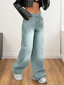 SHEIN Cottnline Low Waist Wash Detailed Wideleg Jean - Light Wash - View 4
