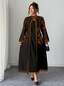 SHEIN Clasi 大码女式连体优雅度假风印花立领喇叭袖修身连衣裙 - 彩色 - 查看 3