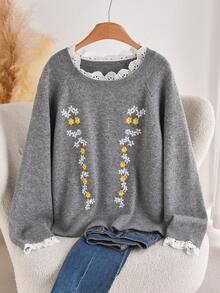 CosyJoli Plus Size Casual Lace Patchwork Embroidered Raglan Sleeve Pullover Sweater/Winter - Grey - View 3