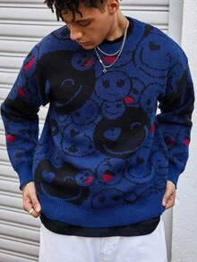 Manfinity Roghcode 男士卡通古怪表情圆领毛衣，街头时尚男士毛衣，适合秋冬通勤、工作和家居穿着，是送给男朋友的绝佳礼物，适合秋季 - 藍色 - 查看 5
