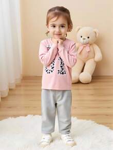 SHEIN 3 件女童字母印花修身长袖 T 恤，甜美休闲百搭百搭套装，秋季 - 彩色 - 查看 3