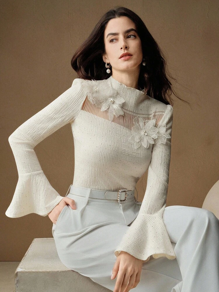 Women's Elegant Flared Sleeve Blouse, Suitable For Fall/Winter, Christmas, New Year, Party, Elegant, Luxury, Formal, Chic