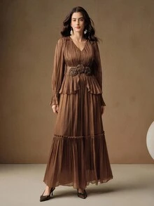 Anewsta 女式花卉装饰长款褶皱连衣裙，优雅礼服 - 咖啡棕 - 查看 4