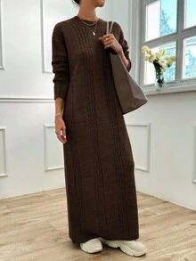 EURMUSE Abito a maglia a costine tinta unita da donna, stile casual e minimalista per l'autunno/inverno - Castano - Visualizzare 6