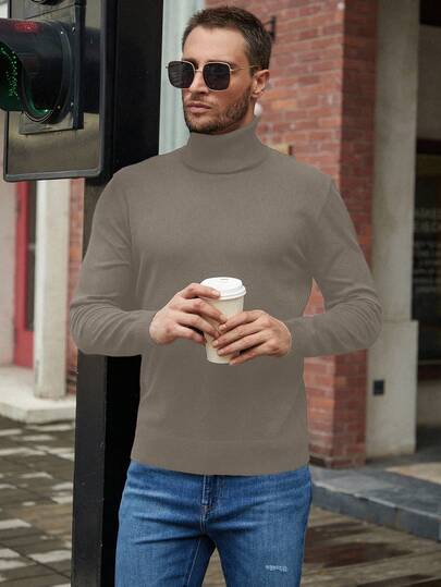 Manfinity Homme Jersey de punto de cuello alto de unicolor y minimalista para hombres, de manga larga, para uso casual diario, otoño/invierno