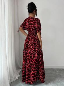 Selianne Váy midi xòe eo cổ chữ V họa tiết da báo màu kaki dành cho nữ - Đỏ - Xem 2