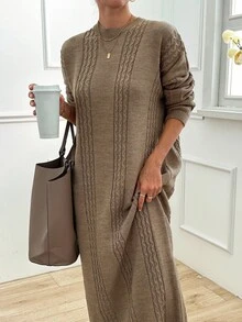 EURMUSE Cable Pattern Sweater Dress - Mocha Brown - View 2