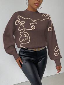 SHEIN LUNE Women's Contrast Color Pattern Turtleneck Long Sleeve Sweater - Coffee Brown - View 3