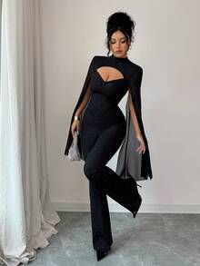 SHEIN Elenzya Women's Glittery Cape Sleeve Fashionable Black Jumpsuit - Black - View 6