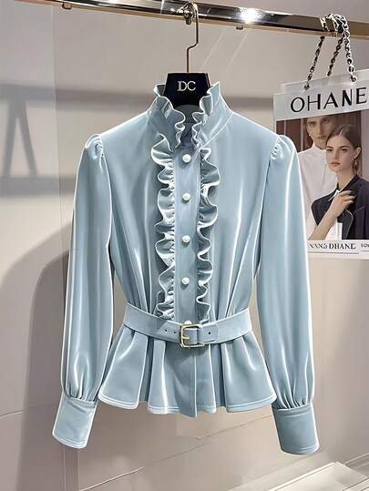 GlowEve 女士天鹅绒荷叶边领日常通勤时尚法式街头复古百搭假日商务浅蓝色长袖衬衫，秋冬款