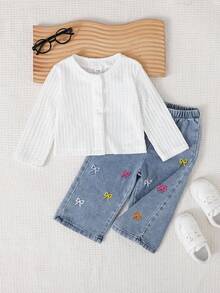 SHEIN Playful Pals 女婴休闲纯色长袖外套和蝴蝶结刺绣长裤两件套，适合春、秋、冬季，室内外皆可穿着，日常穿着。 - 彩色 - 查看 3