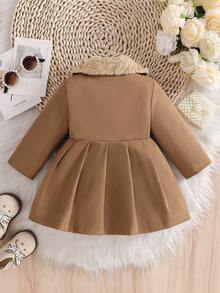 SHEIN 女婴仿毛领蝴蝶结装饰风衣，秋冬款 - 咖啡棕 - 查看 2