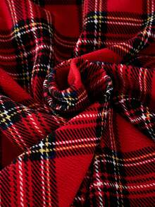 SHEIN Girls' Red Checked Long Sleeve Autumn Dress,Elegant Bow Cap Sleeve Princess Plaid Print Outfits For School,Holiday & Christmas Party,Autumn & Winter - Red - View 4