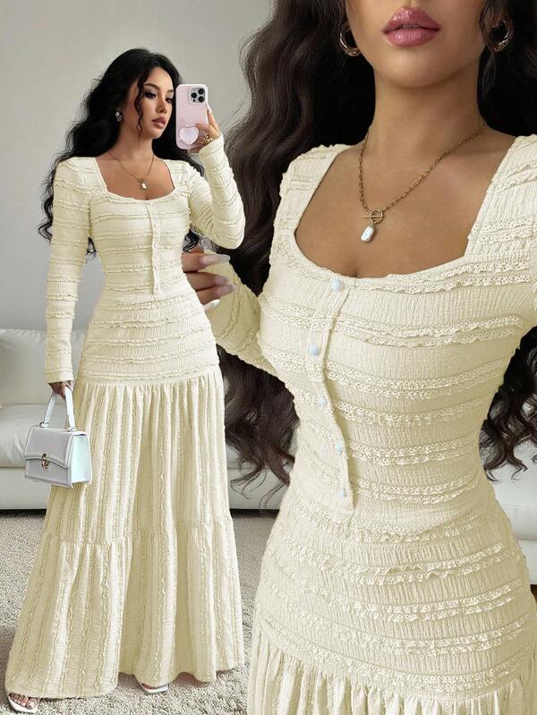 Selianne طقم ملابس علوية كاجوال طويلة الأكمام بياقة مربعة وأزرار مع تصميم ألواح وتنورة ذات قصة مُنفرجة، قماش نسيجي ملمس وردي، طقم قطعتين، خريفي