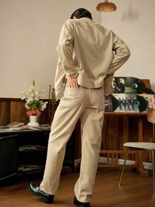 RivetRise Casual Apricot & Light Grey Slim Straight Turnover Collar Washed Denim Suit, Autumn - Apricot - View 5