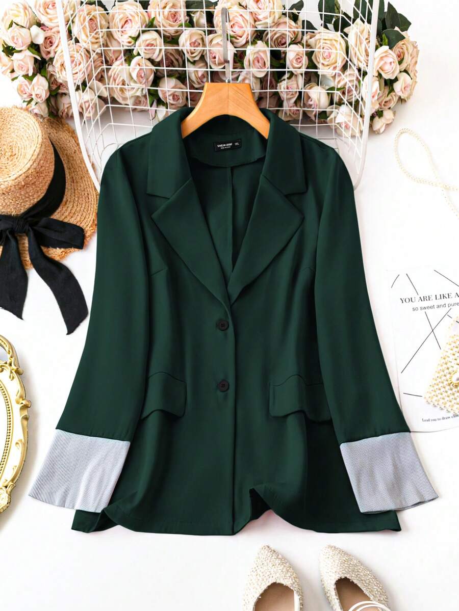 SHEIN LUNE Áo khoác Blazer tay dài dệt kim màu đen cỡ lớn dành cho nữ, mùa thu - Màu xanh lá cây đậm - Xem 1
