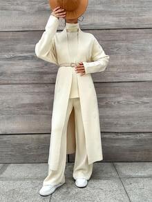EURMUSE High Neck Knit Top and Knit Pants and Open Front Cardigan - Beige - View 6