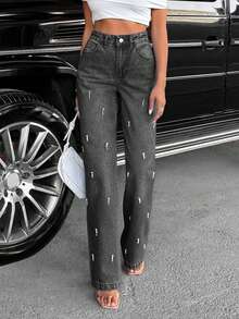SHEIN Cottnline Women Petite High Waist Pearl Detail Casual Straight Denim Jeans - Light Grey - View 5