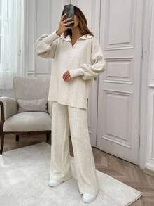 EURMUSE Rib Pattern Polo Neck Sweater And Pant 2pcs Set - Apricot - View 9