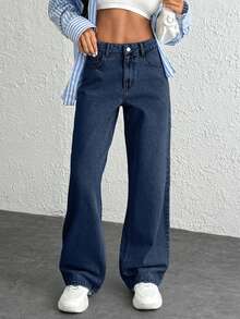 EURMUSE High Waist Snow Wash Wide Leg Women Jeans - Dark Wash - View 4